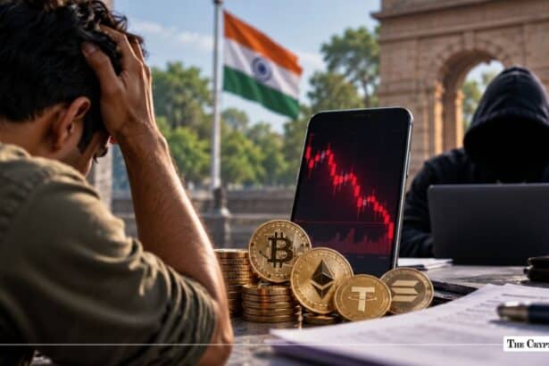 Stressed crypto investor and hooded figure beside physical tokens and a falling market chart in India.