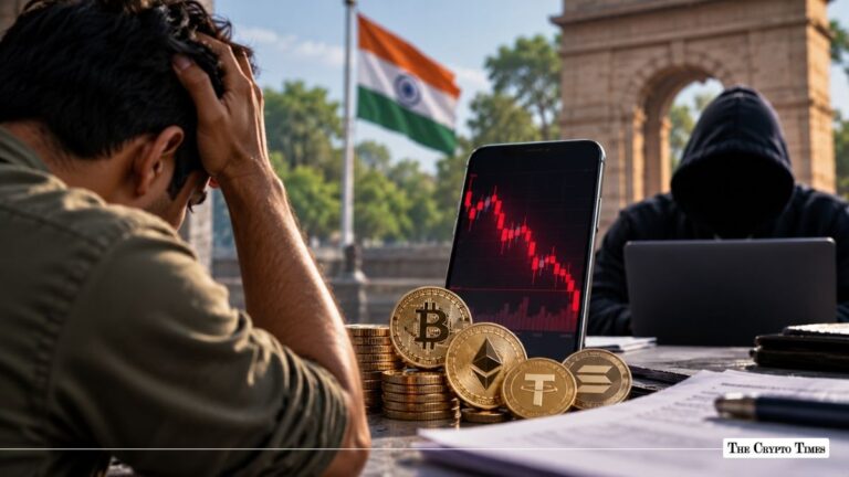 Stressed crypto investor and hooded figure beside physical tokens and a falling market chart in India.