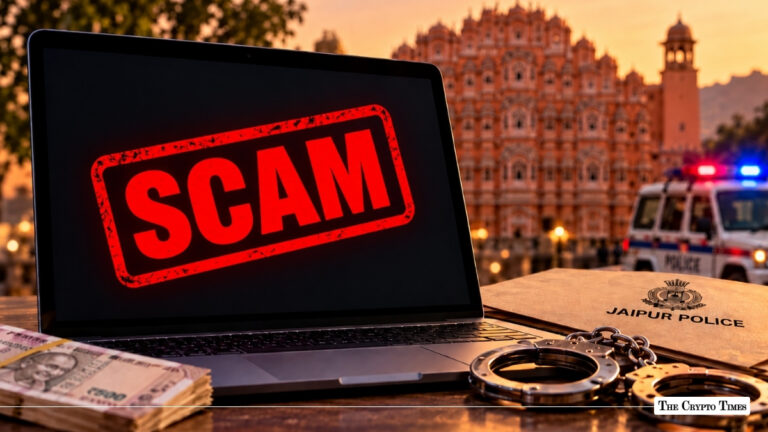 Laptop with red SCAM warning text next to Jaipur Police folder, handcuffs, Indian Rupee notes, and Hawa Mahal background