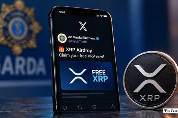 Smartphone showing a scam XRP airdrop post on a hacked police X account next to an XRP coin