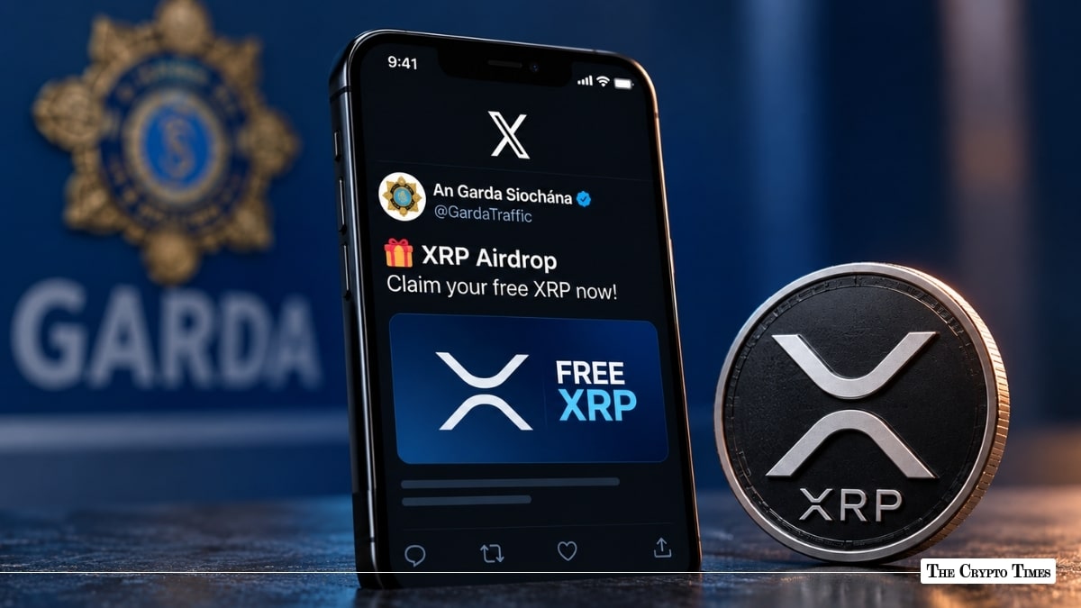 Smartphone showing a scam XRP airdrop post on a hacked police X account next to an XRP coin
