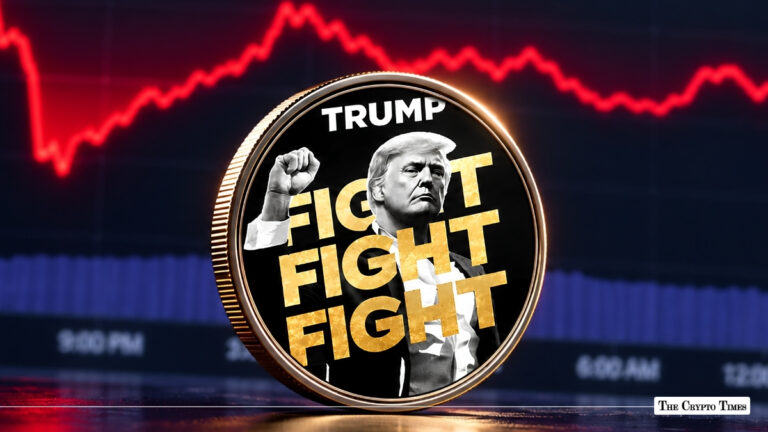 Donald Trump "FIGHT FIGHT FIGHT" physical meme coin in front of a declining market chart.
