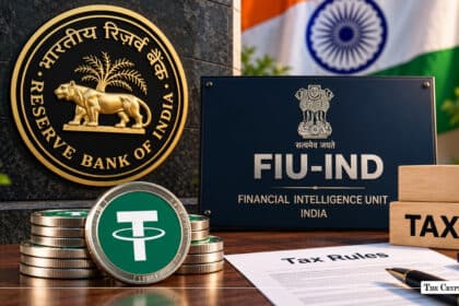 Tether (USDT) token standing alongside tax compliance documents, wooden "TAX" blocks, and the FIU-IND plaque under the Reserve Bank of India emblem