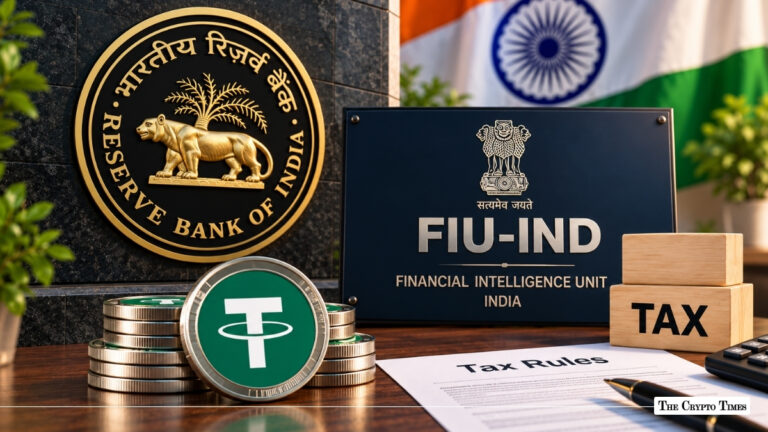 Tether (USDT) token standing alongside tax compliance documents, wooden "TAX" blocks, and the FIU-IND plaque under the Reserve Bank of India emblem