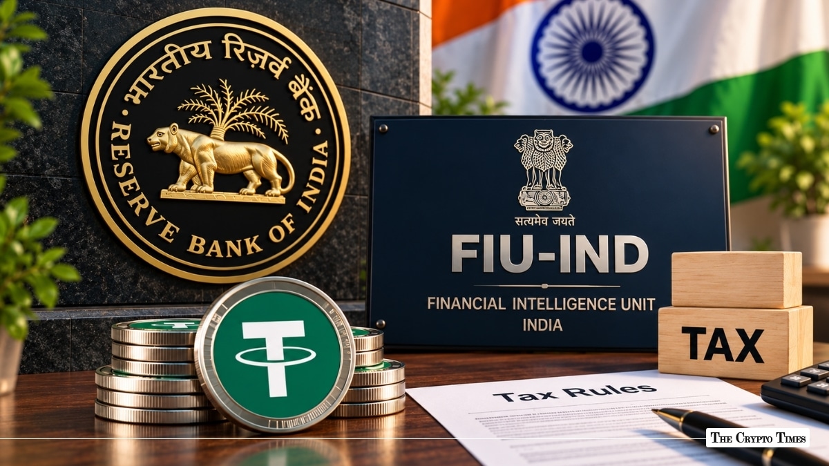 Tether (USDT) token standing alongside tax compliance documents, wooden "TAX" blocks, and the FIU-IND plaque under the Reserve Bank of India emblem