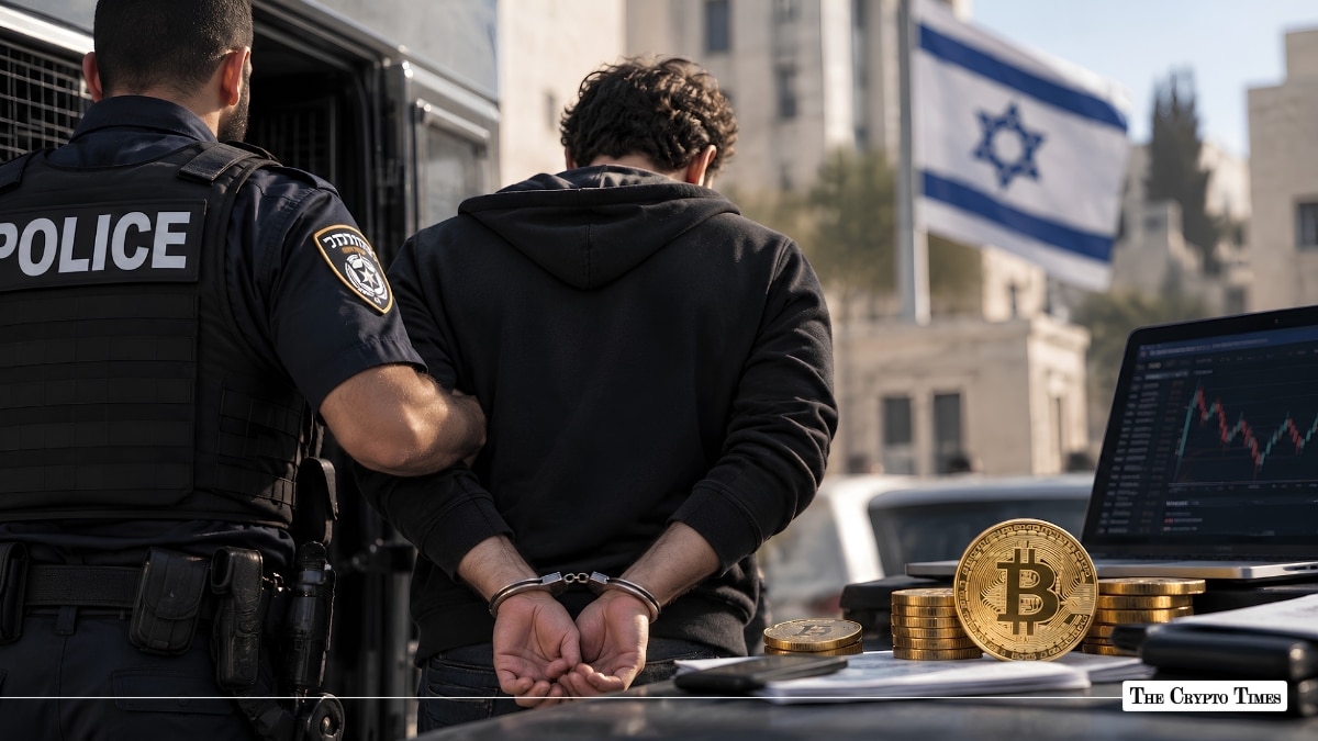 Police officer arresting a handcuffed individual near Bitcoin coins and a flag of Israel.