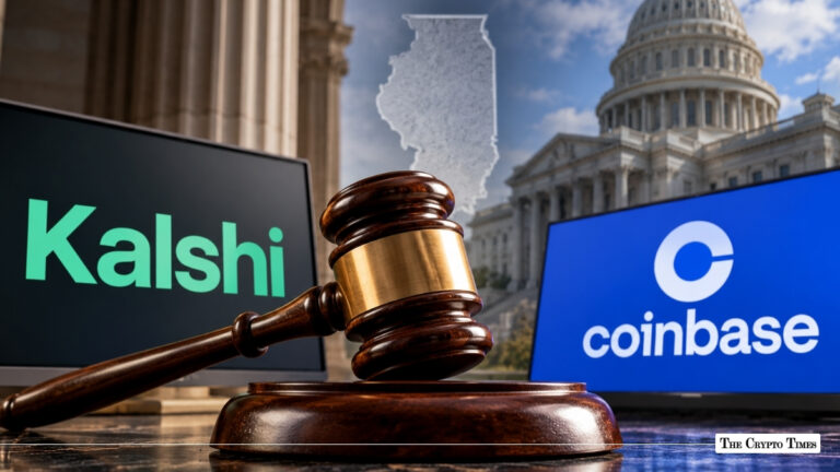 Wooden judge's gavel between Kalshi and Coinbase logos with Illinois state outline and US Capitol background