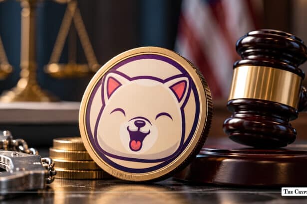 Physical dog memecoin token sitting beside a wooden judge's gavel and handcuffs.