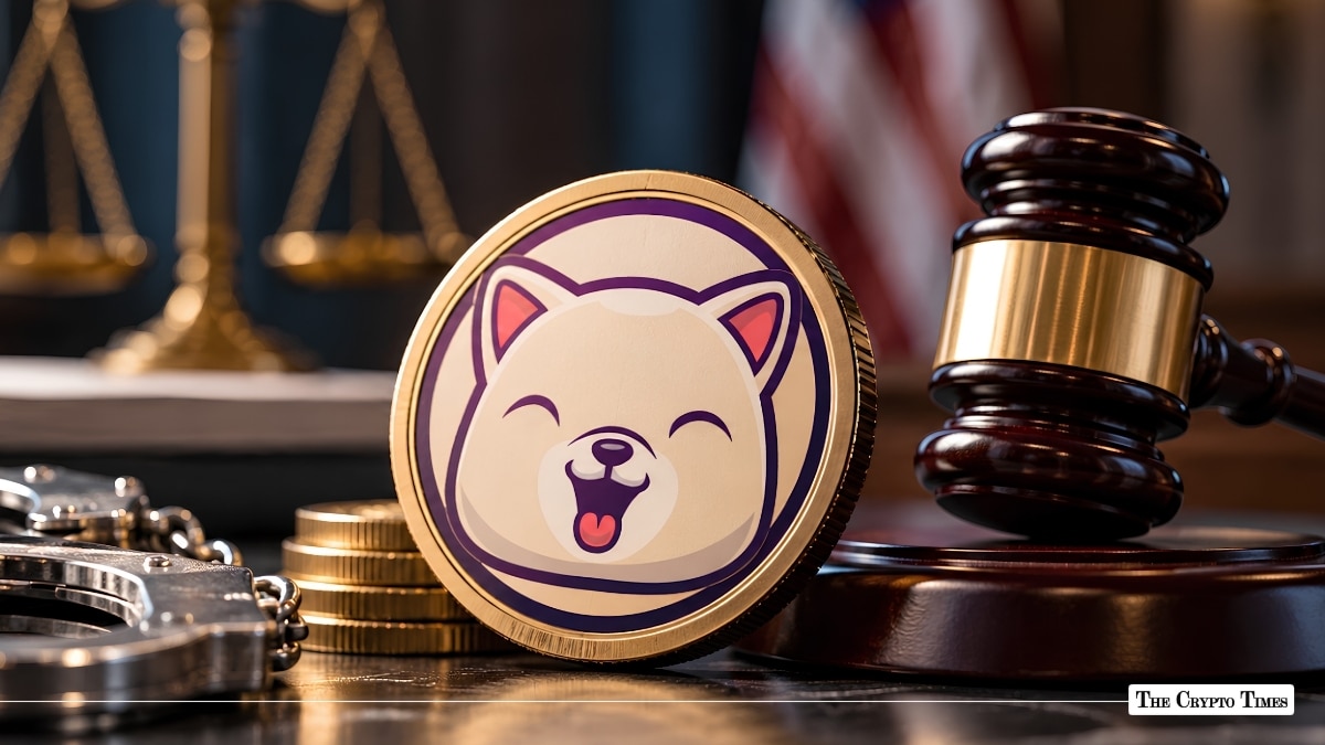 Physical dog memecoin token sitting beside a wooden judge's gavel and handcuffs.