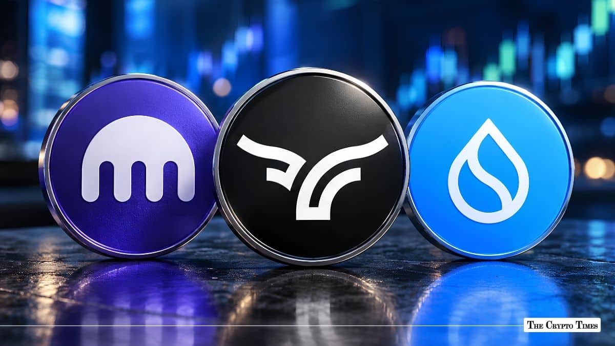 Kraken, Ondo Finance, and Sui cryptocurrency token medallions displayed side-by-side.