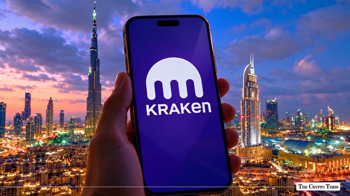 Smartphone showing the Kraken crypto exchange app in front of the Dubai skyline