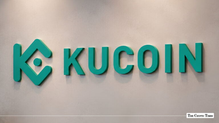 Green KuCoin logo and wordmark mounted on a off-white corporate wall.
