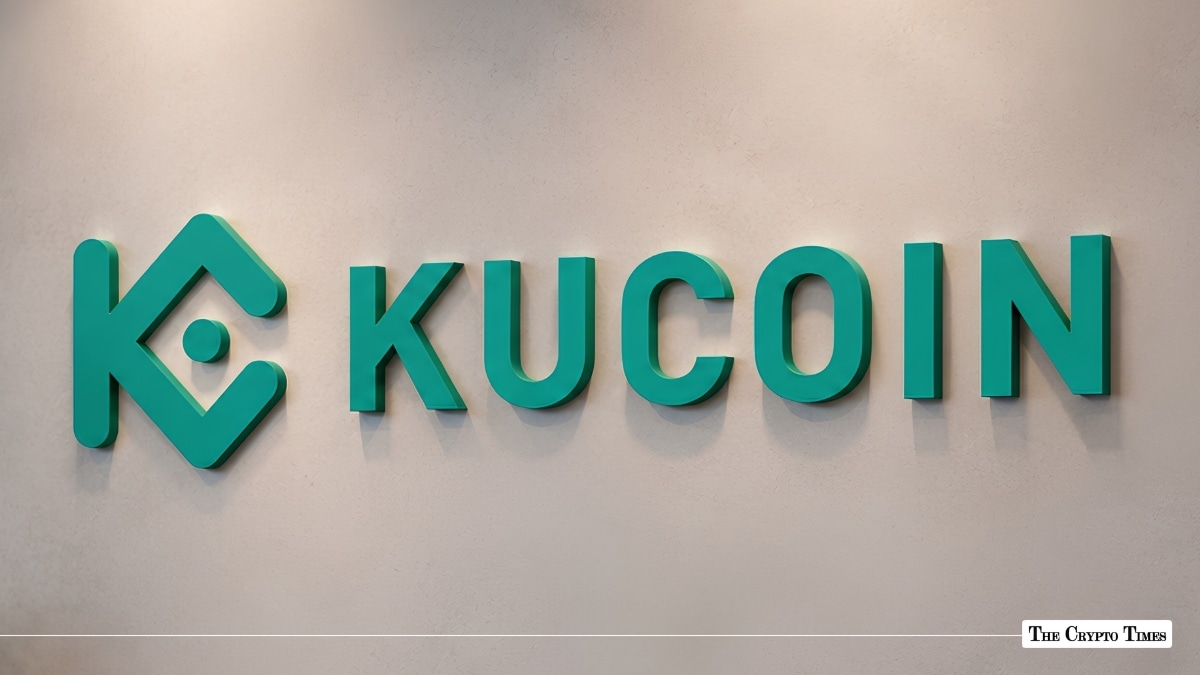 Green KuCoin logo and wordmark mounted on a off-white corporate wall.
