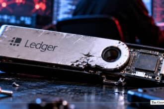 Cracked Ledger hardware crypto wallet with exposed circuit boar