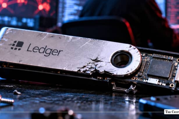 Cracked Ledger hardware crypto wallet with exposed circuit boar