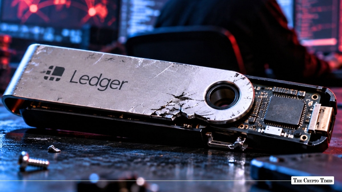 Cracked Ledger hardware crypto wallet with exposed circuit boar