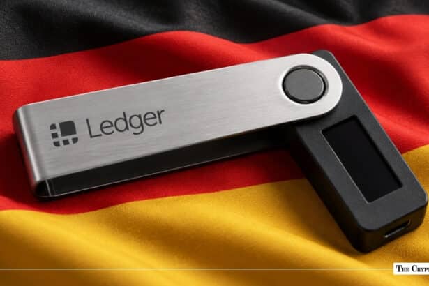 Ledger hardware wallet resting on top of the German flag