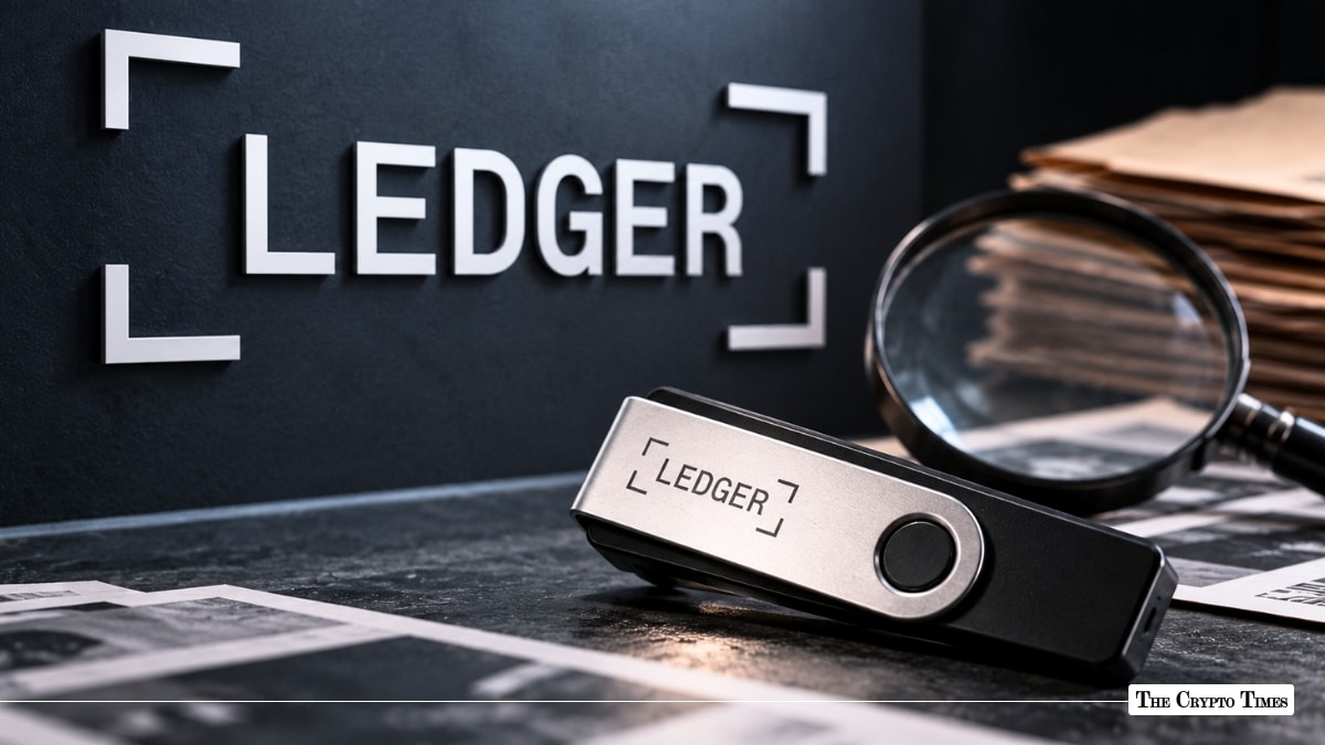 Ledger hardware wallet on a desk next to a magnifying glass and Ledger wall logo