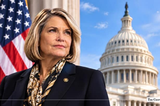 U.S. Senator Cynthia Lummis framed in front of an American flag and the U.S. Capitol dome.