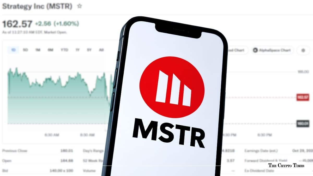 Smartphone displaying the MicroStrategy (MSTR) logo in front of a stock market price chart.