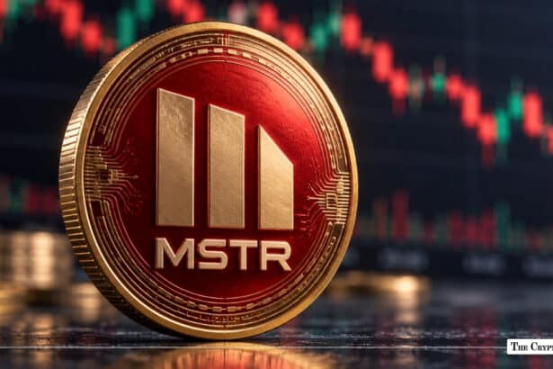 Physical MicroStrategy (MSTR) token coin standing on a reflective dark surface in front of a financial candlestick price chart