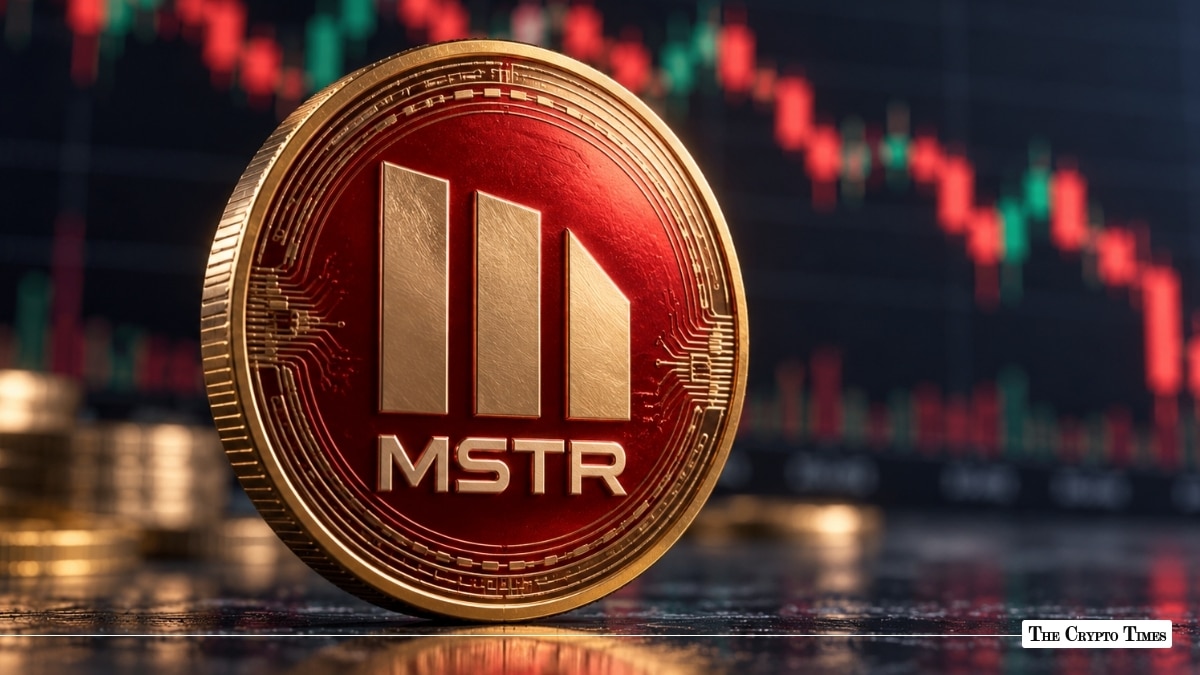 Physical MicroStrategy (MSTR) token coin standing on a reflective dark surface in front of a financial candlestick price chart