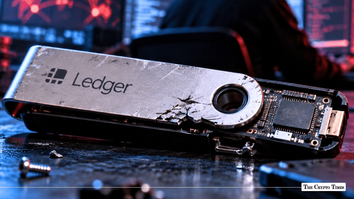 Damaged Ledger hardware wallet with exposed internal circuits