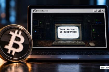 Laptop showing a MemeBitcoin account suspended message next to a pixelated Bitcoin coin