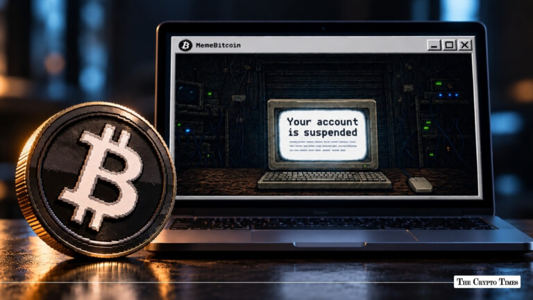Laptop showing a MemeBitcoin account suspended message next to a pixelated Bitcoin coin