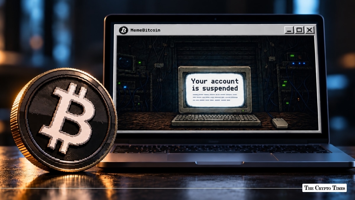 Laptop showing a MemeBitcoin account suspended message next to a pixelated Bitcoin coin