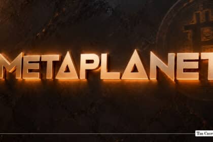 Gold 3D Metaplanet corporate logo with a Bitcoin watermark on dark marble