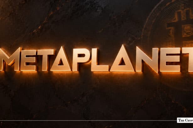 Gold 3D Metaplanet corporate logo with a Bitcoin watermark on dark marble