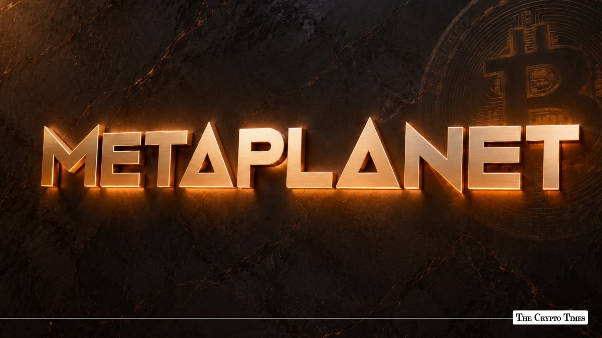 Gold 3D Metaplanet corporate logo with a Bitcoin watermark on dark marble