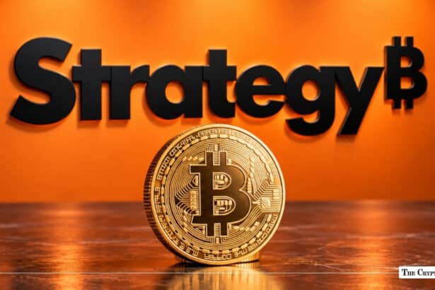 Physical Bitcoin coin in front of a MicroStrategy corporate logo sign