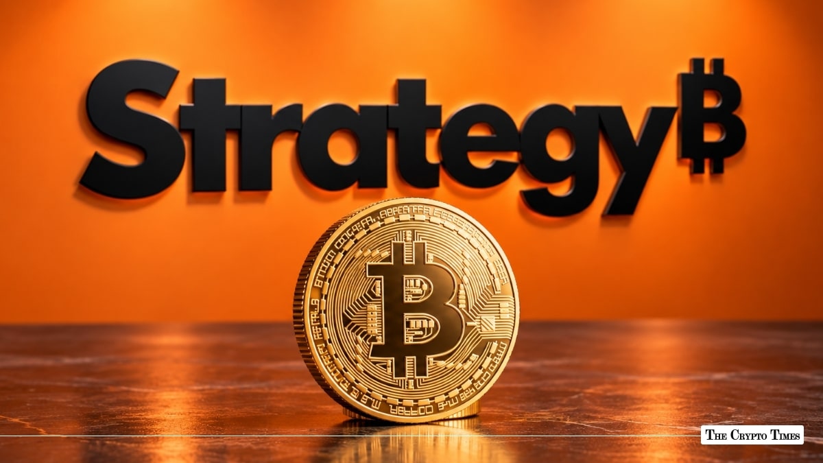 Physical Bitcoin coin in front of a MicroStrategy corporate logo sign
