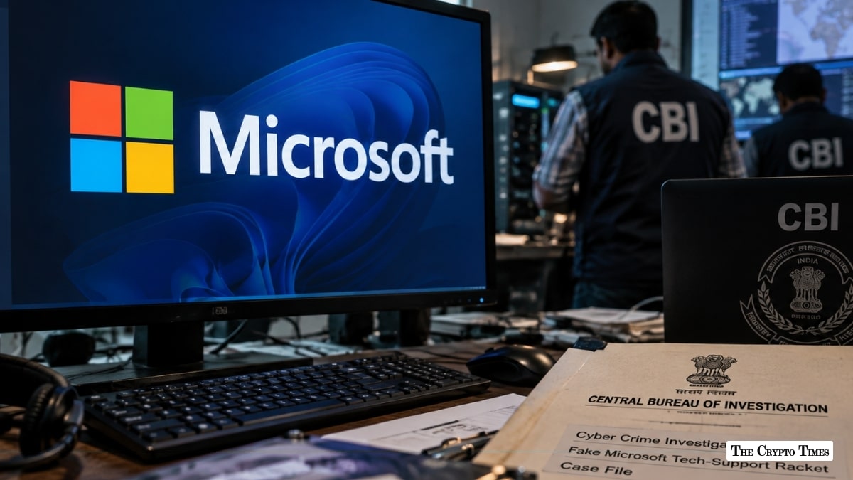 Computer monitor displaying the Microsoft logo next to a CBI Cyber Crime Investigation case file folder with CBI officers in the background