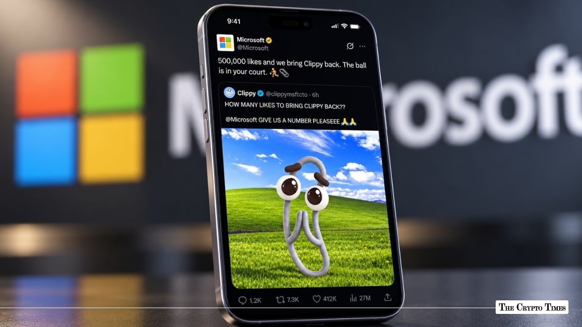 Smartphone displaying a viral X tweet about bringing back Microsoft Clippy in front of a Microsoft logo background