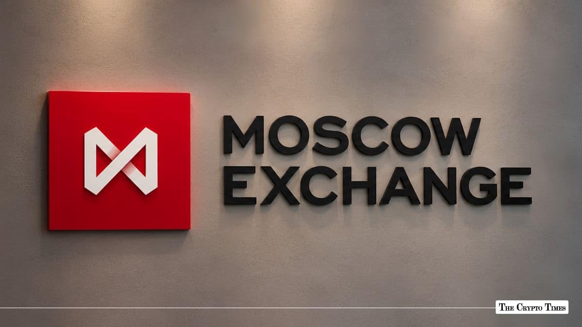 Moscow Exchange corporate signage on a gray wall.
