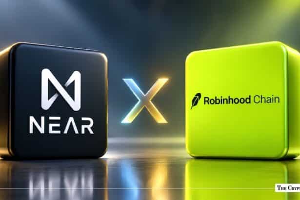 3D NEAR and Robinhood Chain logo blocks separated by a glowing X sign.