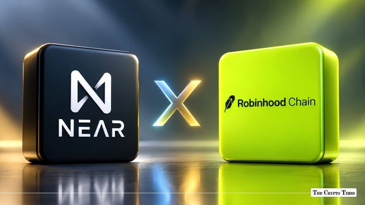 3D NEAR and Robinhood Chain logo blocks separated by a glowing X sign.