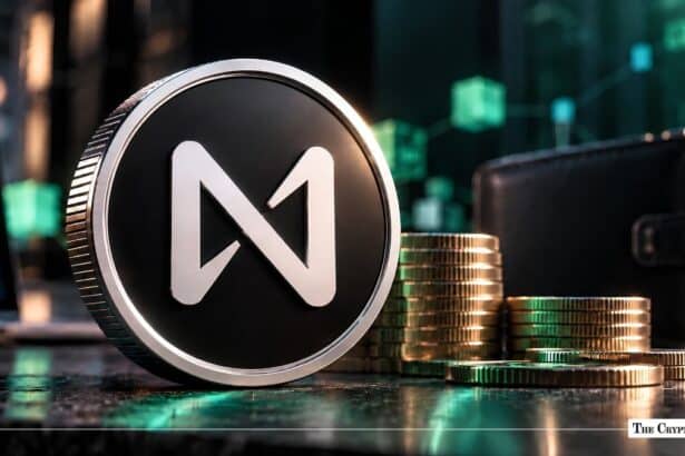 NEAR Protocol (NEAR) physical coin standing next to stacked gold coins and a crypto wallet.