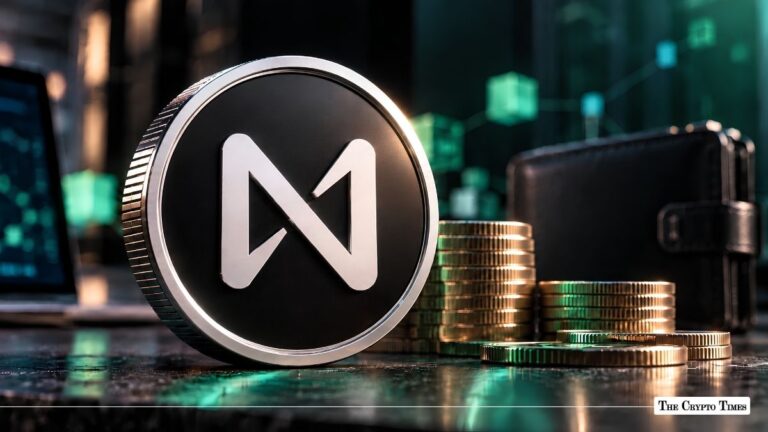 NEAR Protocol (NEAR) physical coin standing next to stacked gold coins and a crypto wallet.