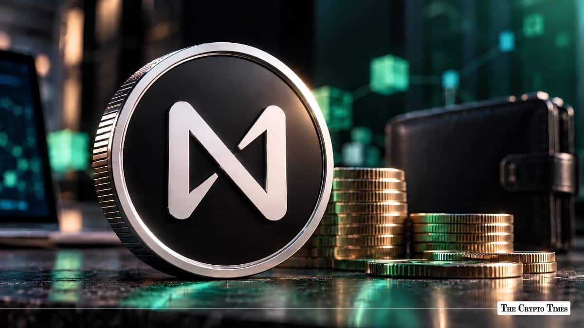 NEAR Protocol (NEAR) physical coin standing next to stacked gold coins and a crypto wallet.