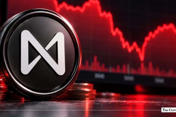 NEAR Protocol token coin set against a declining red stock chart.