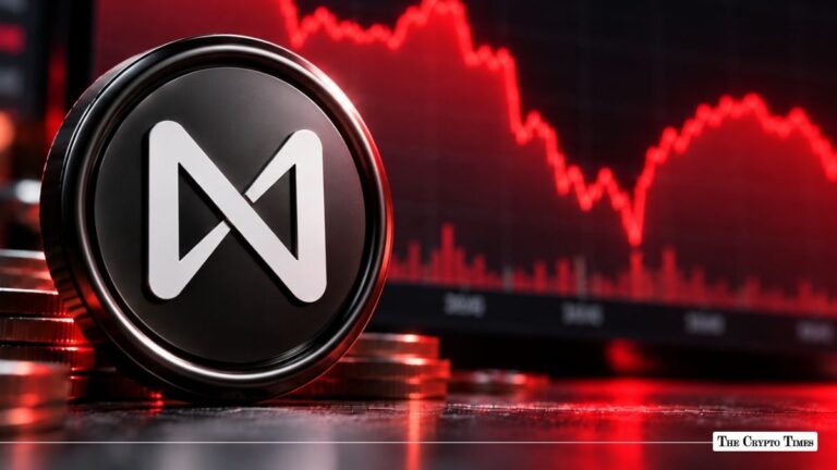 NEAR Protocol token coin set against a declining red stock chart.