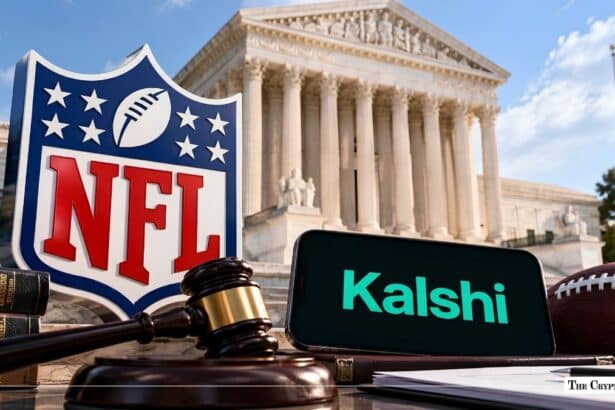 NFL shield logo, Kalshi smartphone screen, and a judge's gavel set before the Supreme Court building.