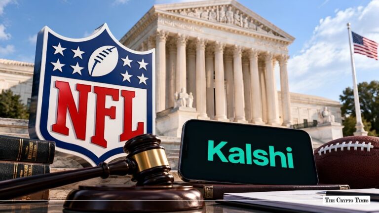 NFL shield logo, Kalshi smartphone screen, and a judge's gavel set before the Supreme Court building.