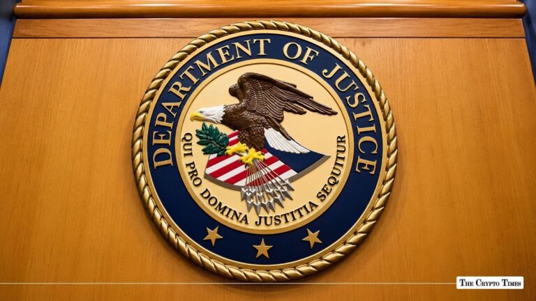 Official seal of the United States Department of Justice mounted on a wooden wall.