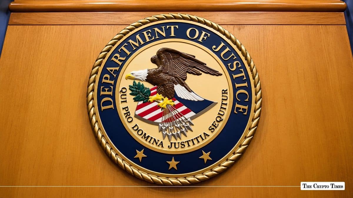 Official seal of the United States Department of Justice mounted on a wooden wall.
