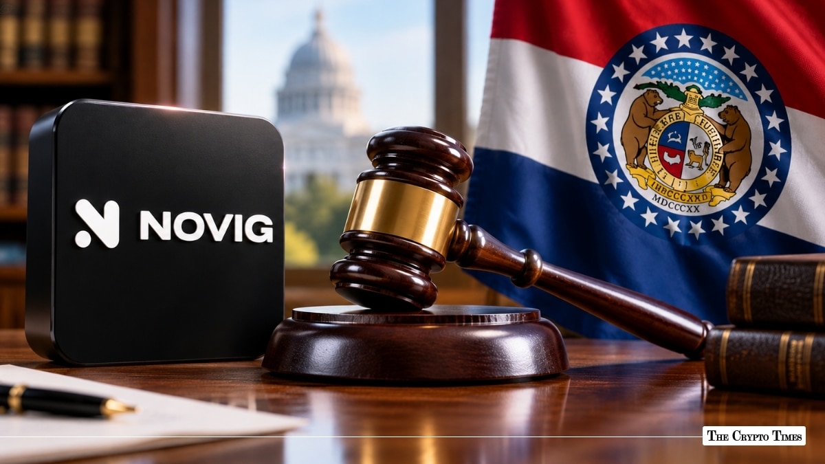 Novig logo plaque and judge's gavel in front of the Missouri state flag